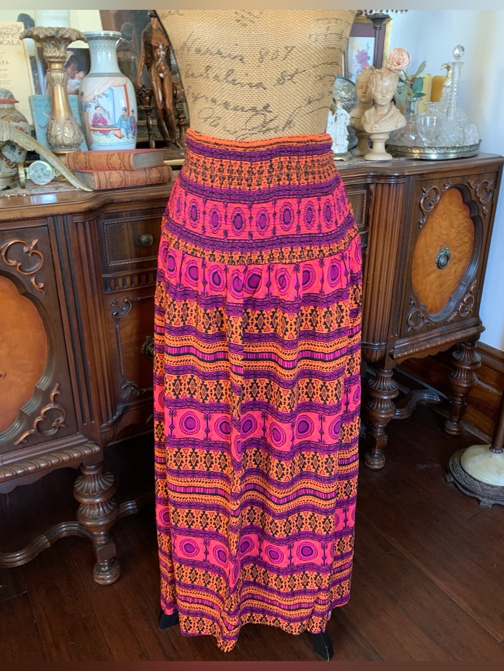 Vintage Tropical Pink and Orange Geometric Boho Hippie Gypsie Maxi Skirt